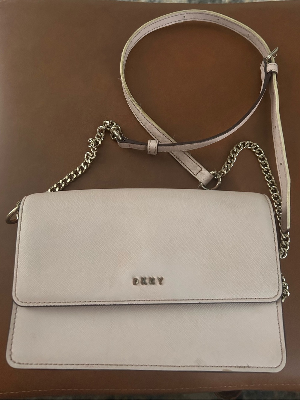DKNY Pale Pink Saffiano Crossbody with Gold Chain
